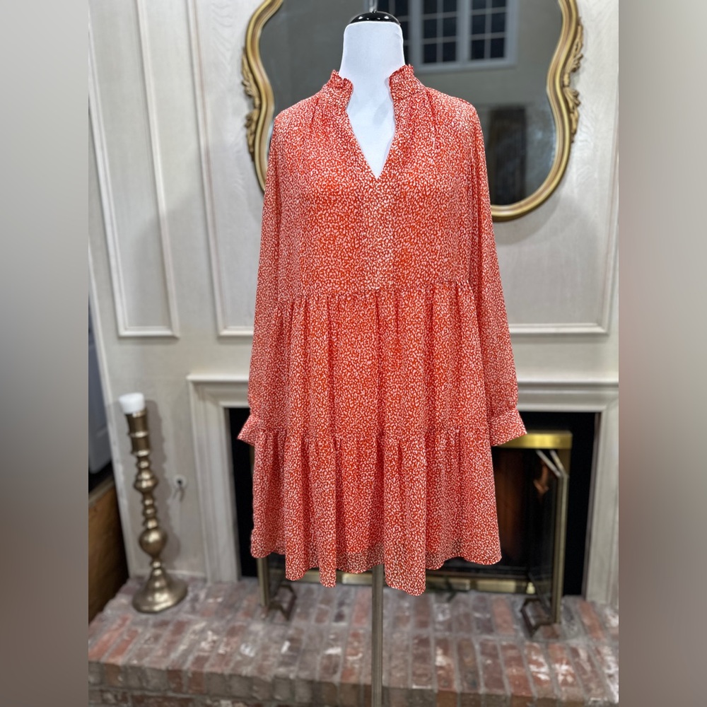 Sam & Jess Dress Large Orange Red White Tiered Ruffle Neck Boho Shift‎